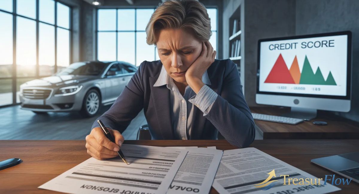 buyer with low credit score applying for bad credit auto loan at car dealership