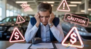 car buyer confused while signing financing contract showing common loan mistakes in house finance