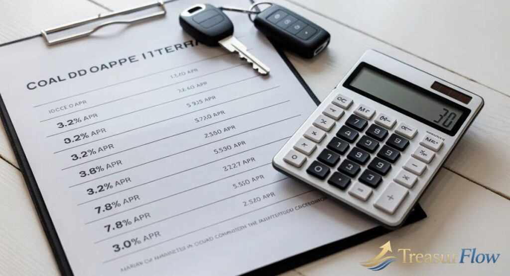 in house finance comparison of car loan interest rates with calculator and car keys on table