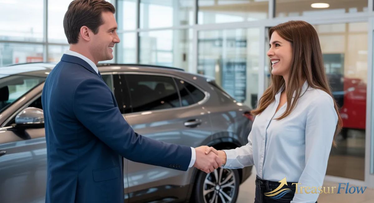 In-house financing car dealer helping a buyer with Buy Here Pay Here auto loan option.