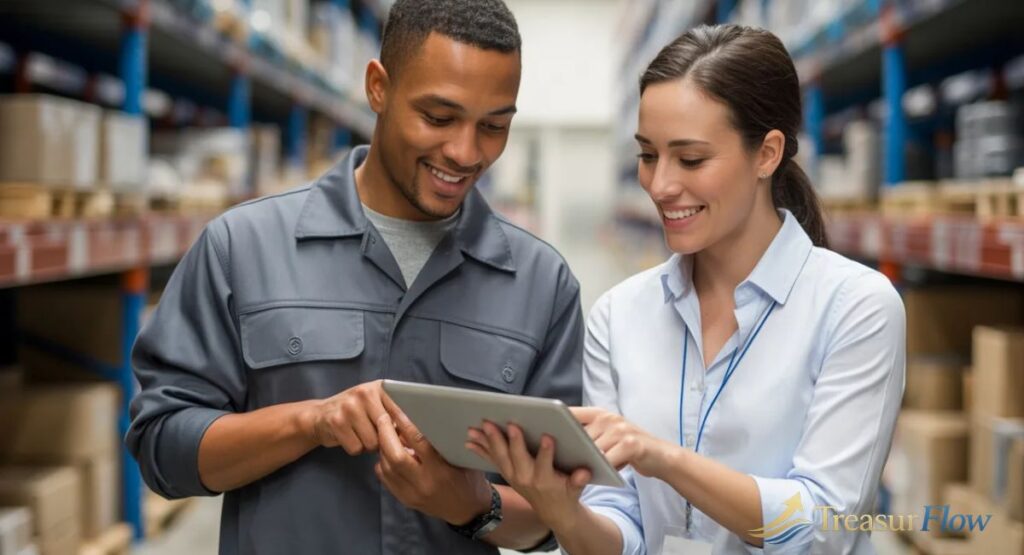 3PL operations manager and client partner reviewing visible supply chain fulfillment data on shared tablet