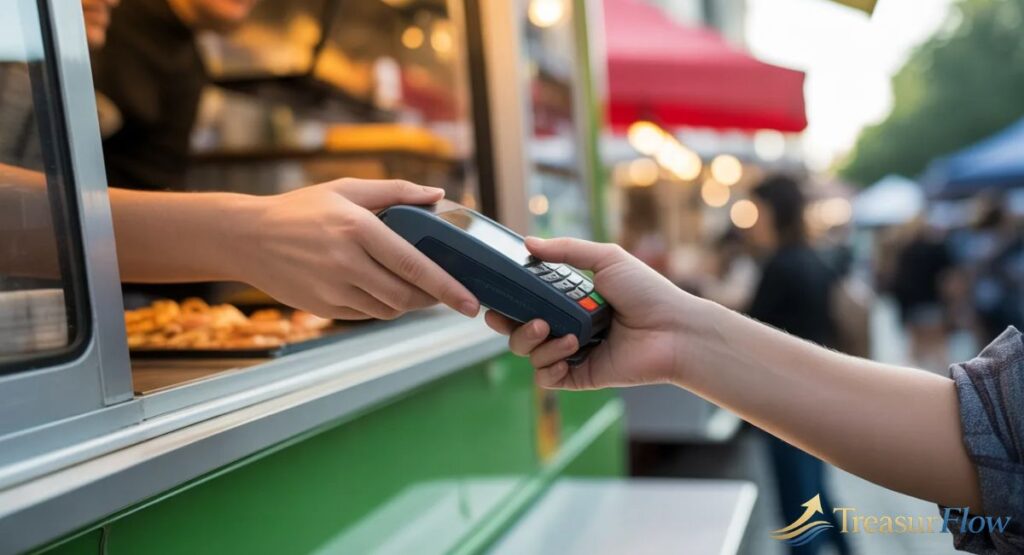 Customer paying at food truck window supported by food truck finance and equipment funding