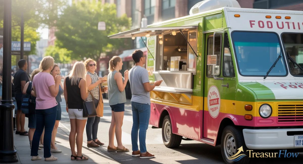 Food truck finance helping a street food owner serve customers from a modern branded food truck