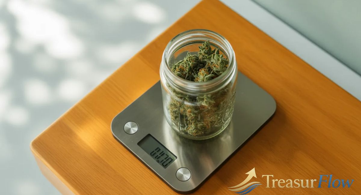 How much is a zip of weed shown as 28 grams of cannabis in a glass mason jar on a digital scale