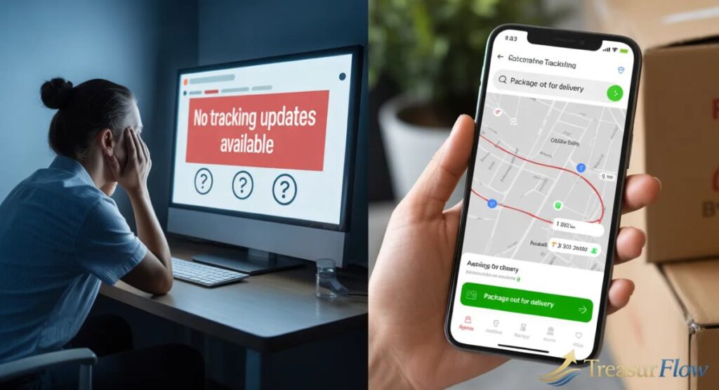 what companies use visible supply chain fulfillment: Split screen illustration showing poor vs advanced logistics visibility—left side depicts a frustrated customer facing delayed shipping with no tracking updates, while the right side shows companies using visible supply chain fulfillment with real-time tracking maps, delivery progress indicators, and proactive notifications for transparent order status.