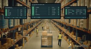 Warehouse team monitoring visible supply chain fulfillment dashboard with real-time order tracking screens