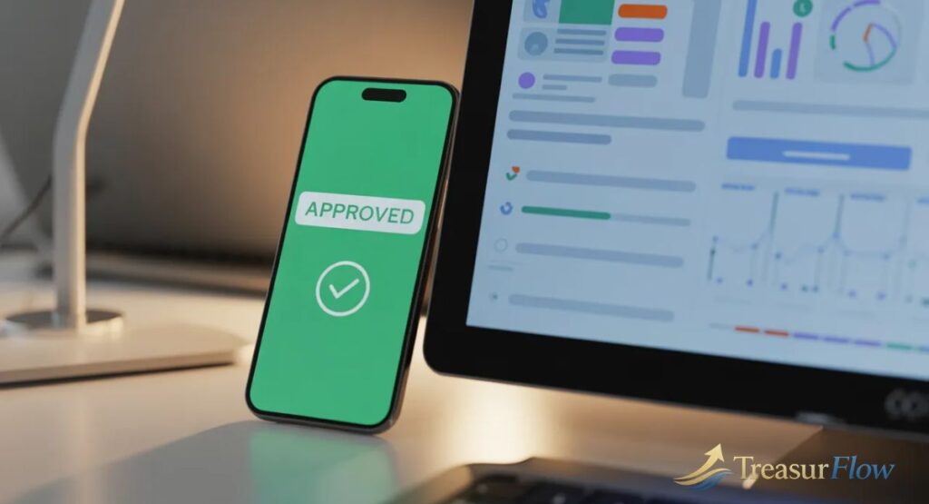 Smartphone with credit approval and a finance dashboard. Represents how technology powers what is in house finance.