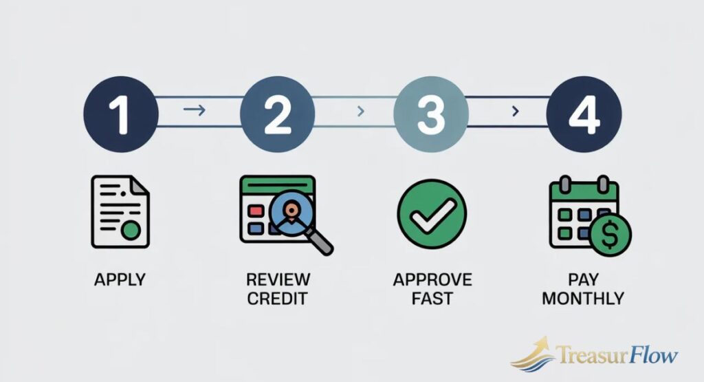 Four steps of in-house financing: apply, review, approve, pay. Explains what is in house finance simply.