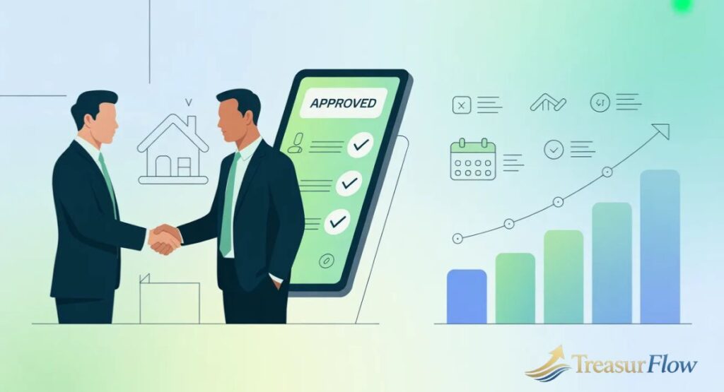 Business and customer shaking hands directly. This shows what is in house finance—no bank needed.