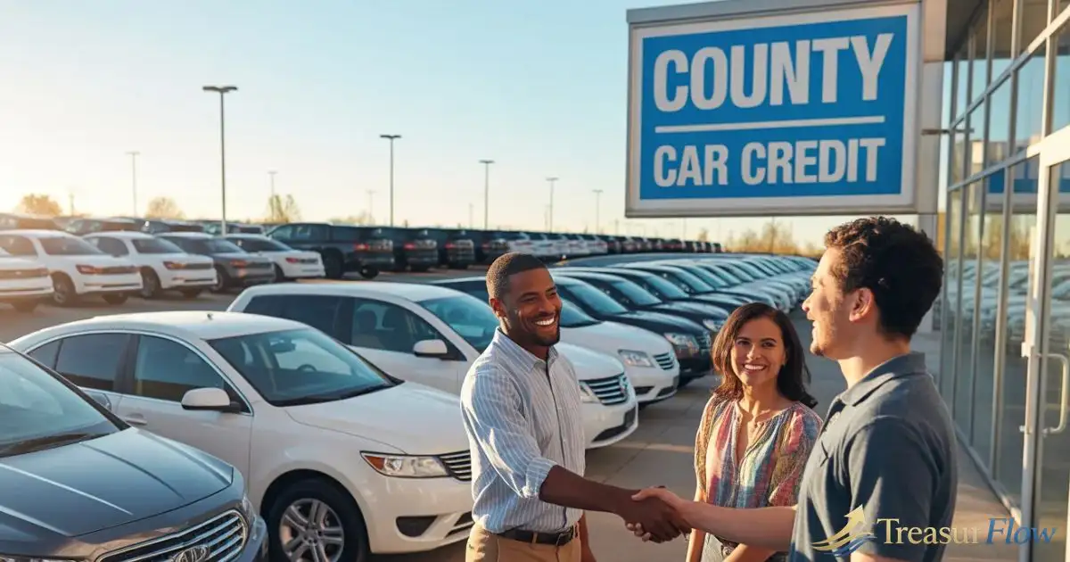 Buy here pay here Cleveland OH dealership at County Car Credit, showing happy customers receiving car keys at 1100 Brookpark Rd