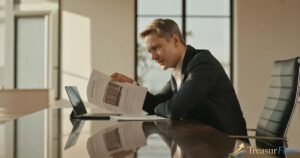 Real estate investor reviewing rental property documents at a modern desk with natural light, analyzing DSCR loan rates in 2026
