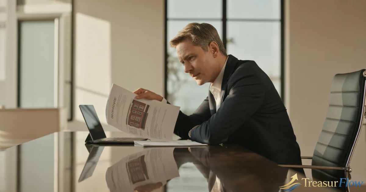 Real estate investor reviewing rental property documents at a modern desk with natural light, analyzing DSCR loan rates in 2026