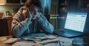 Stressed person reviewing bills and declining savings how to Save Money in 2026 showing financial anxiety and money management struggles