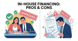 In-house financing pros and cons — split image showing approval benefits vs high interest rate risks for buyers