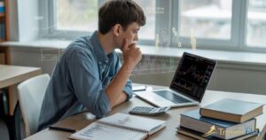 College student studying finance with laptop, calculator, charts, and textbooks while learning if finance is a hard major