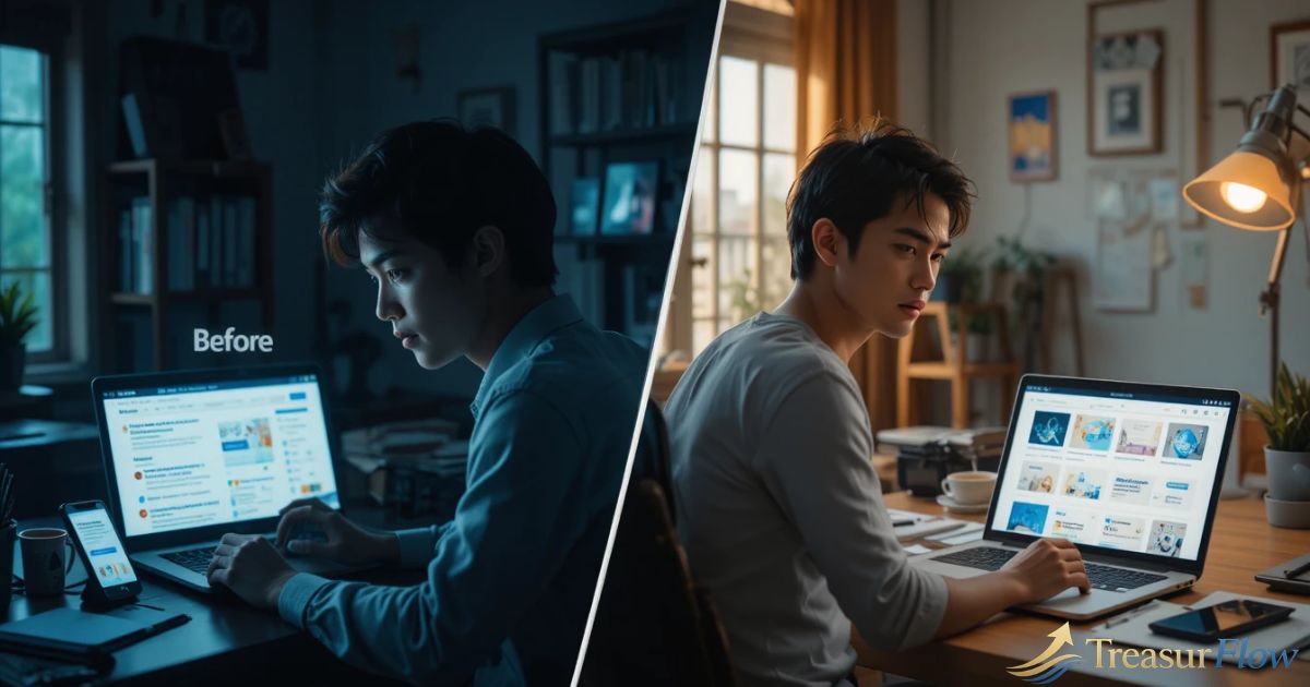 Split-screen image showing confusion before enrolling in digital finance course versus confident understanding after reviewing structured certification information.