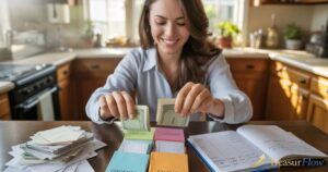 Envelope budgeting method pros and cons shown through a realistic monthly budget planning session with cash envelopes and bills