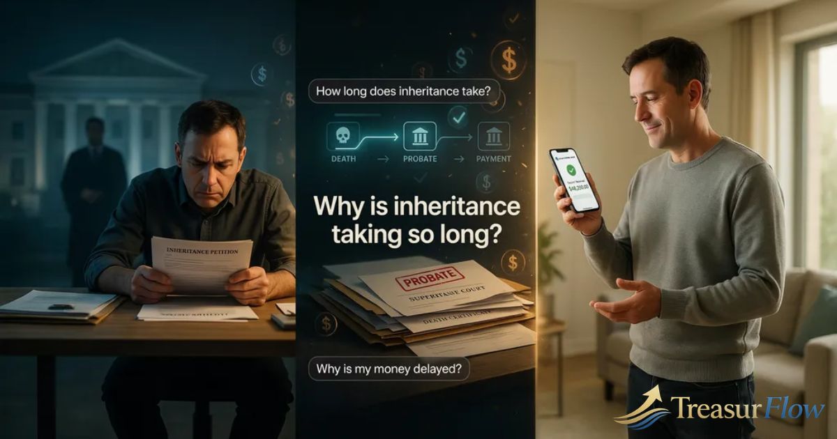 An inheritance timeline showing probate process delays while a beneficiary waits to receive inheritance money