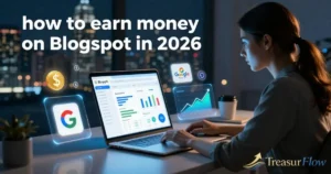 Ultra-realistic blogging workspace showing how to earn money on Blogspot in 2026 with laptop dashboard, AdSense revenue icons, dollar symbols, SEO growth charts, and passive income concept for beginner bloggers.