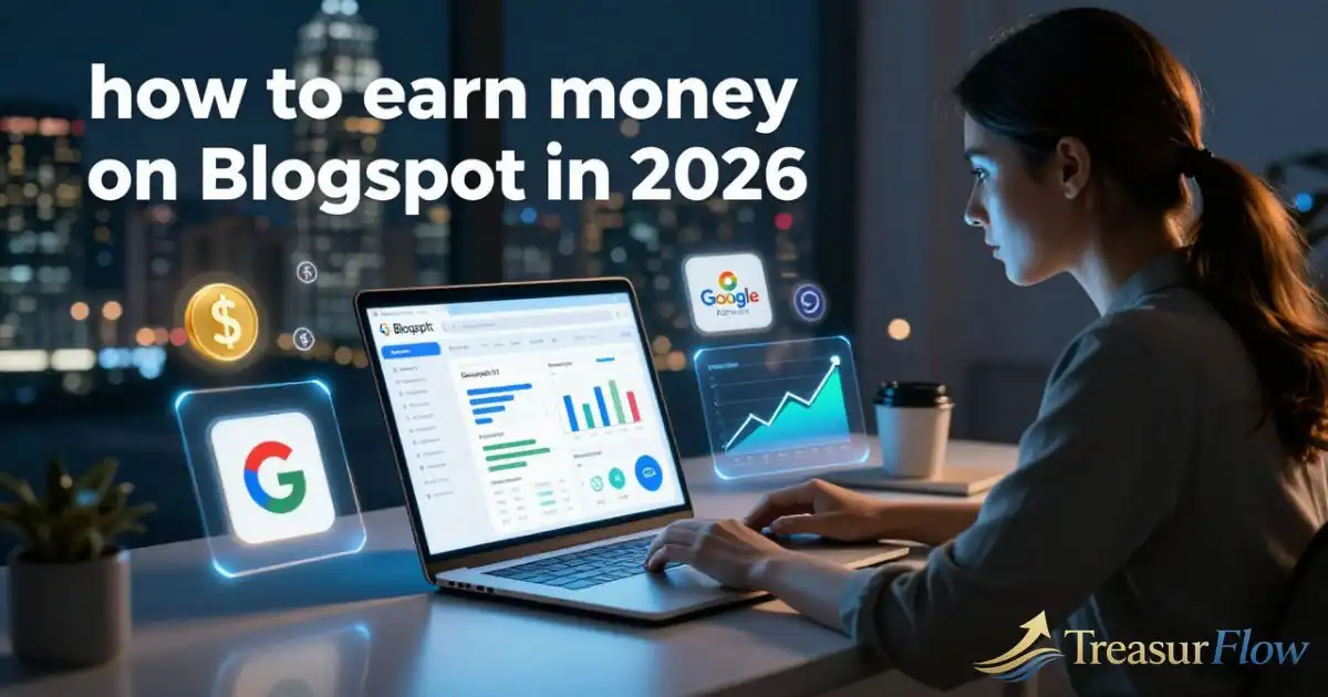 Ultra-realistic blogging workspace showing how to earn money on Blogspot in 2026 with laptop dashboard, AdSense revenue icons, dollar symbols, SEO growth charts, and passive income concept for beginner bloggers.