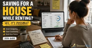 Young woman planning to save money for a house while renting in the USA, working on a budget and savings plan showing real financial strategy and house fund progress in 2026