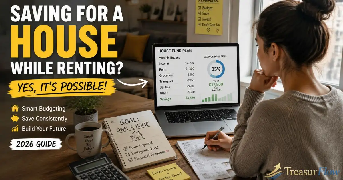 Young woman planning to save money for a house while renting in the USA, working on a budget and savings plan showing real financial strategy and house fund progress in 2026