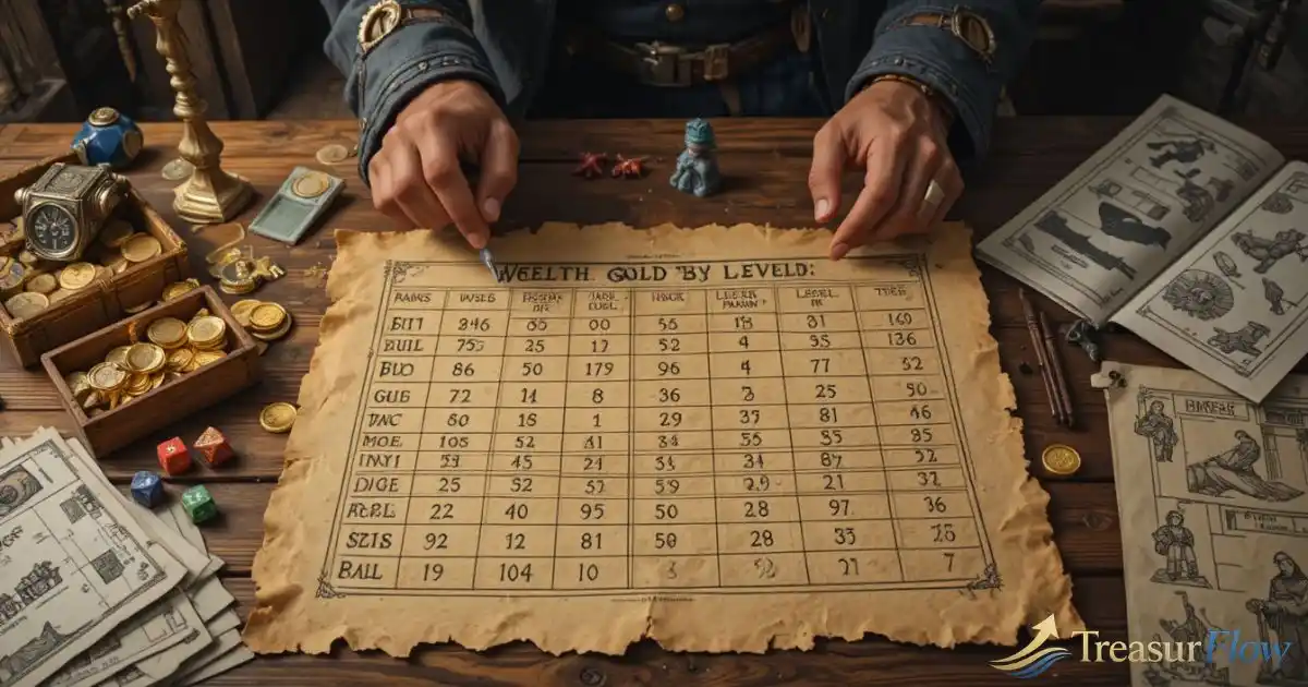 Pathfinder wealth by level table with gold coins, dice, character sheets, and magic item gear on a tabletop RPG game table