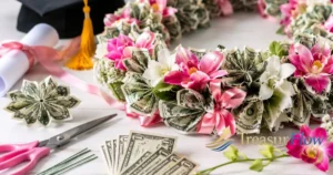 Beautiful DIY flower money lei made with folded U.S. dollar bills, colorful flowers, and satin ribbon for a graduation gift, shown with crafting supplies in a step-by-step tutorial.