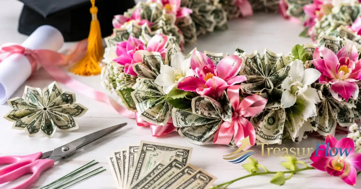 Beautiful DIY flower money lei made with folded U.S. dollar bills, colorful flowers, and satin ribbon for a graduation gift, shown with crafting supplies in a step-by-step tutorial.