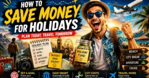 Person saving money for a holiday with a travel fund jar, airplane, beach, and budget planner showing how to save money for holidays without debt.