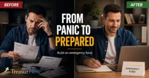 A worried man reviewing unexpected bills at home, illustrating how Murphy’s Law applies to saving money and emergency funds.