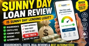 Sunny Day Loan review showing loan requirements, costs, funding speed, legitimacy check, reviews, and alternatives for borrowers researching Sunny Day Lending