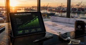 Business executives reviewing commercial equipment refinancing interest rates and machinery equity analytics on a tablet inside a industrial facility.