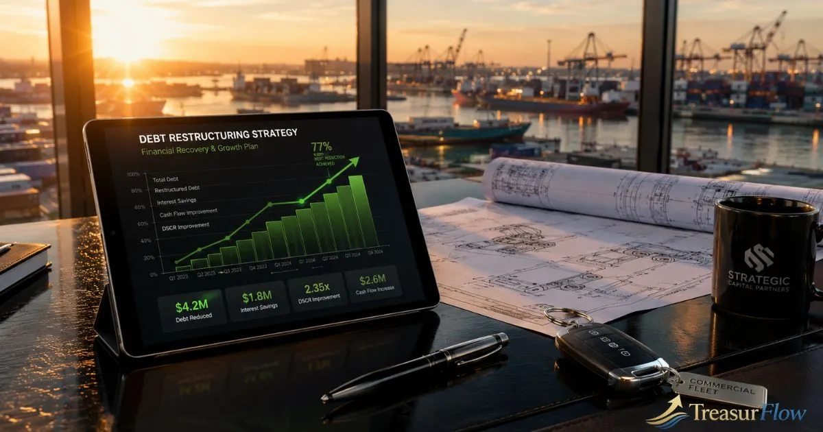 Business executives reviewing commercial equipment refinancing interest rates and machinery equity analytics on a tablet inside a industrial facility.