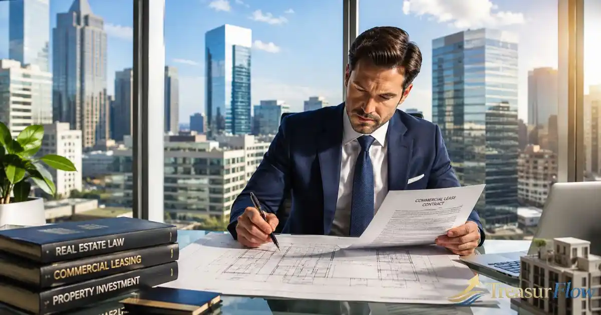 Commercial real estate attorney reviewing property blueprints and lease contracts