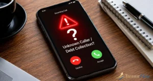 Smartphone screen displaying an incoming unknown call from Global Financial Solutions debt collection number