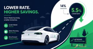 Modern blue sports sedan driving on a scenic highway, representing options to lower your car interest rate.