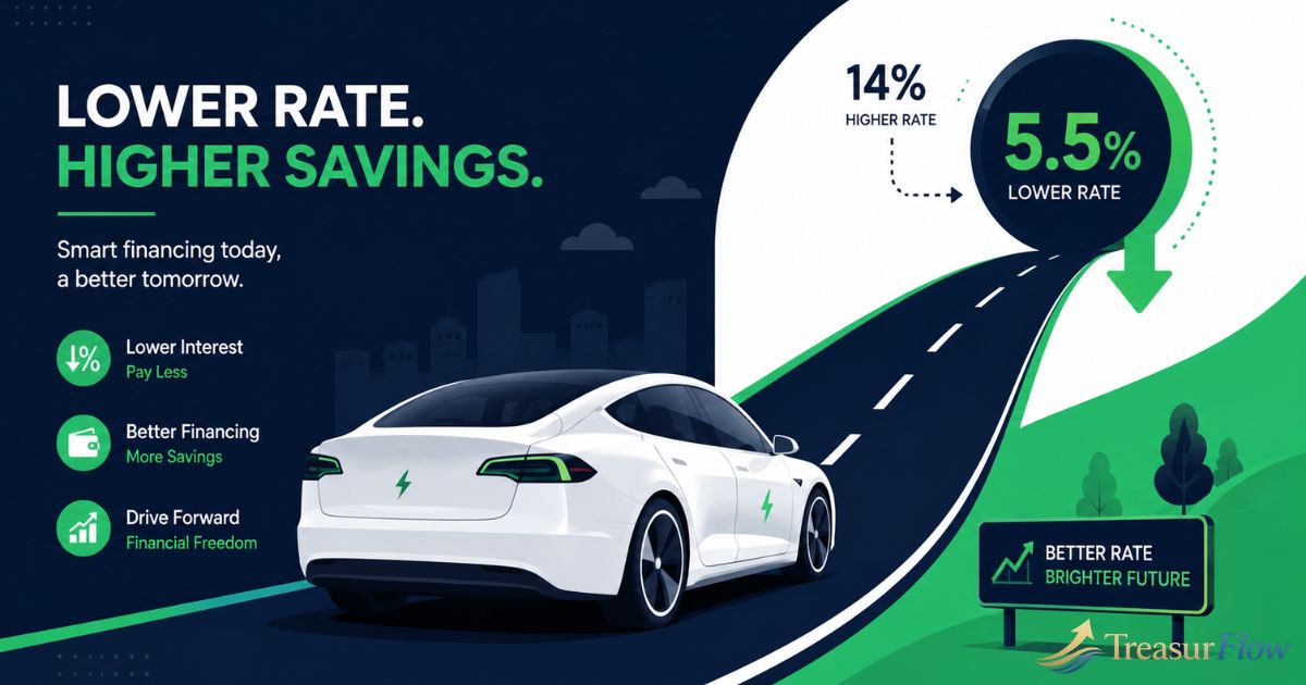Modern blue sports sedan driving on a scenic highway, representing options to lower your car interest rate.