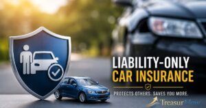 Driver upset beside a damaged car after an accident, showing the risk of having liability only car insurance