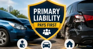 Primary liability insurance graphic showing a car accident, protection shield, and message that liability coverage pays first.