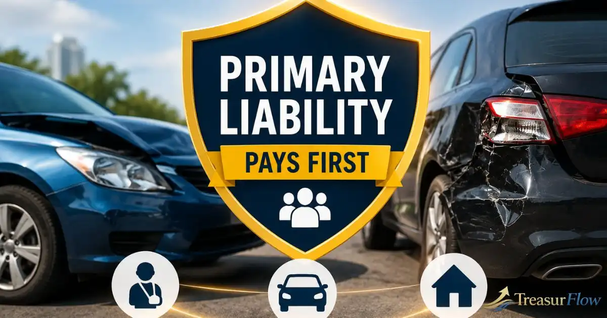 Primary liability insurance graphic showing a car accident, protection shield, and message that liability coverage pays first.