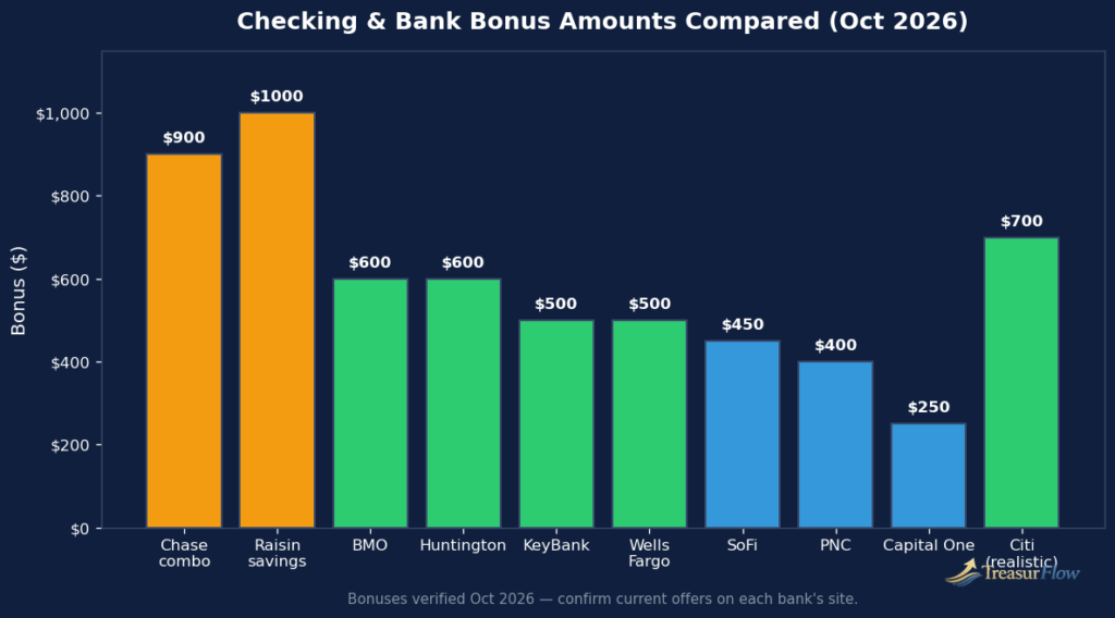 Chart: checking and bank bonus amounts compared, October 2026