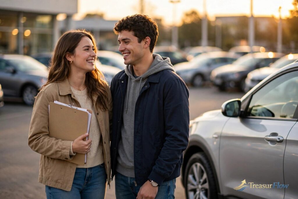 Couple reviewing auto loan refinance paperwork beside their car at a dealership