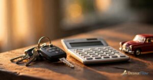 Car keys, calculator and toy car on a wooden table representing the best auto loan refinance options for 2026