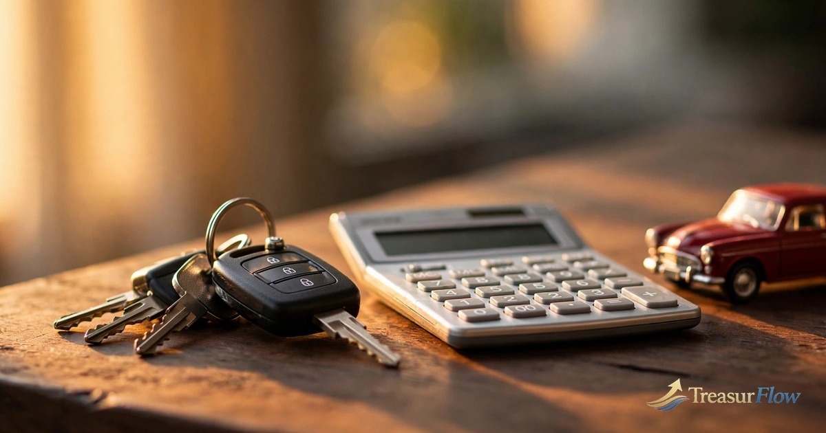 Car keys, calculator and toy car on a wooden table representing the best auto loan refinance options for 2026