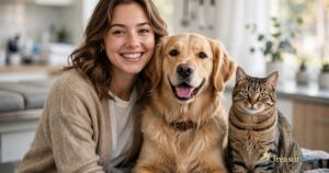 Smiling woman with golden retriever and tabby cat at a veterinary clinic — best pet insurance 2026