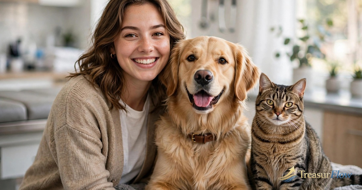 Smiling woman with golden retriever and tabby cat at a veterinary clinic — best pet insurance 2026