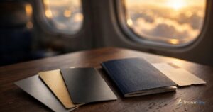 Best travel rewards credit cards 2026: premium cards, passport and boarding pass by an airplane window