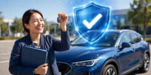 Smiling woman holding up a car key and insurance documents beside a blue SUV, with a glowing blue shield with a checkmark above the car