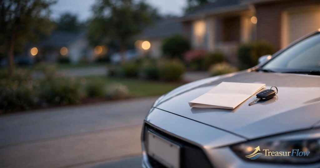 Parked car with insurance document and key — storage coverage option for unlicensed owners